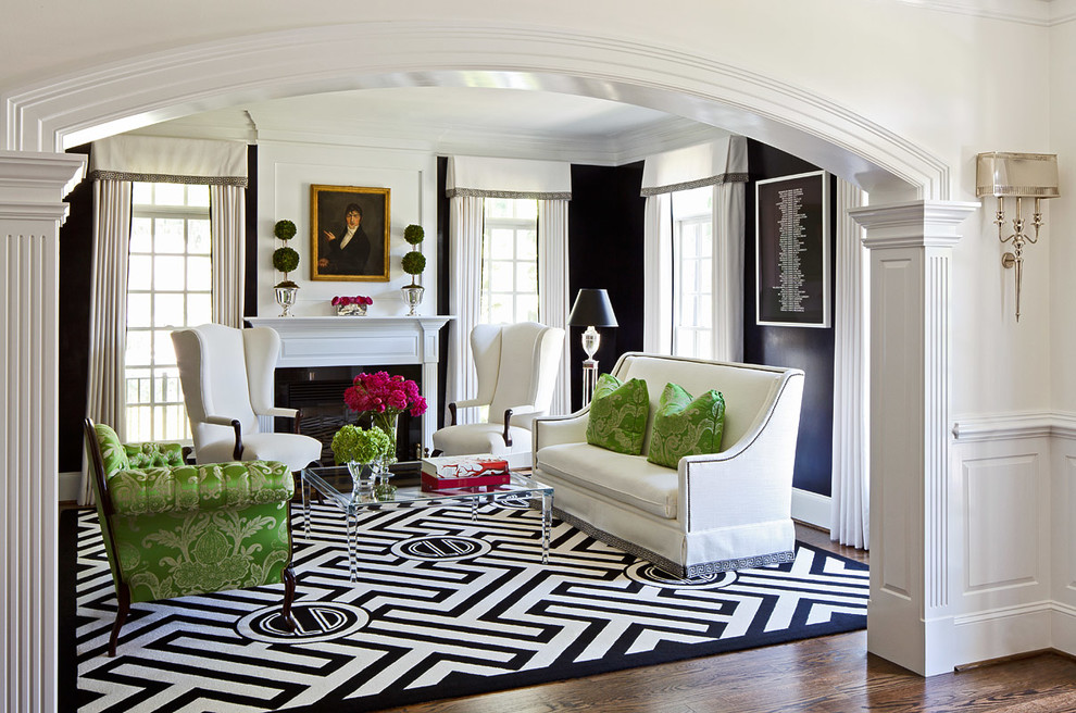 Transitional living room in DC Metro with black walls.