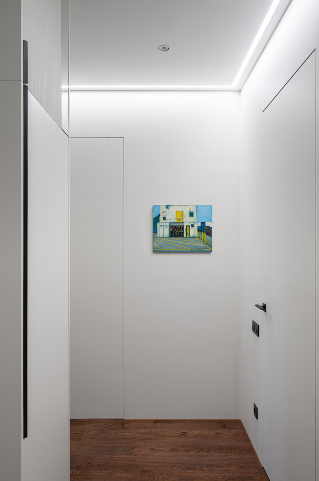 Réalisation d'une entrée design de taille moyenne avec un couloir, un mur blanc, un sol beige et parquet foncé.