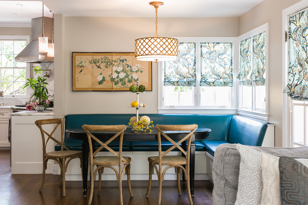 Inspiration for a transitional kitchen/dining room combo remodel in San Francisco with shaker cabinets, white cabinets and stainless steel appliances