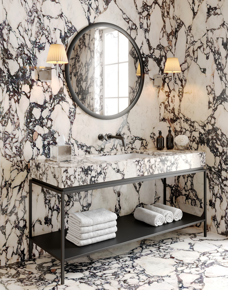 Small cloakroom in Miami with open cabinets, a submerged sink, marble worktops, multi-coloured worktops, black cabinets, marble tiles, marble flooring, purple floors and a freestanding vanity unit.