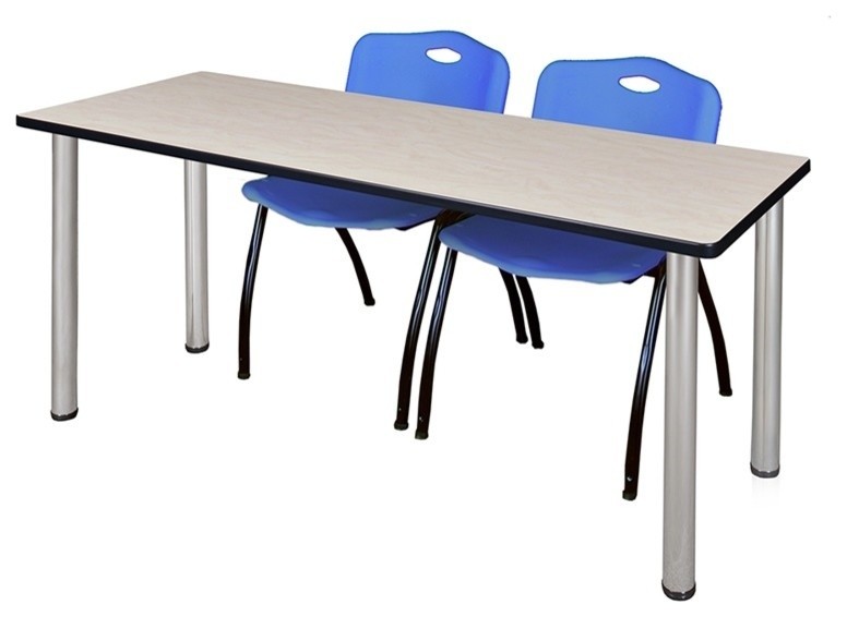 72"x24" Kee Training Table, Maple/ Chrome and 2 'M' Stack Chairs, Blue