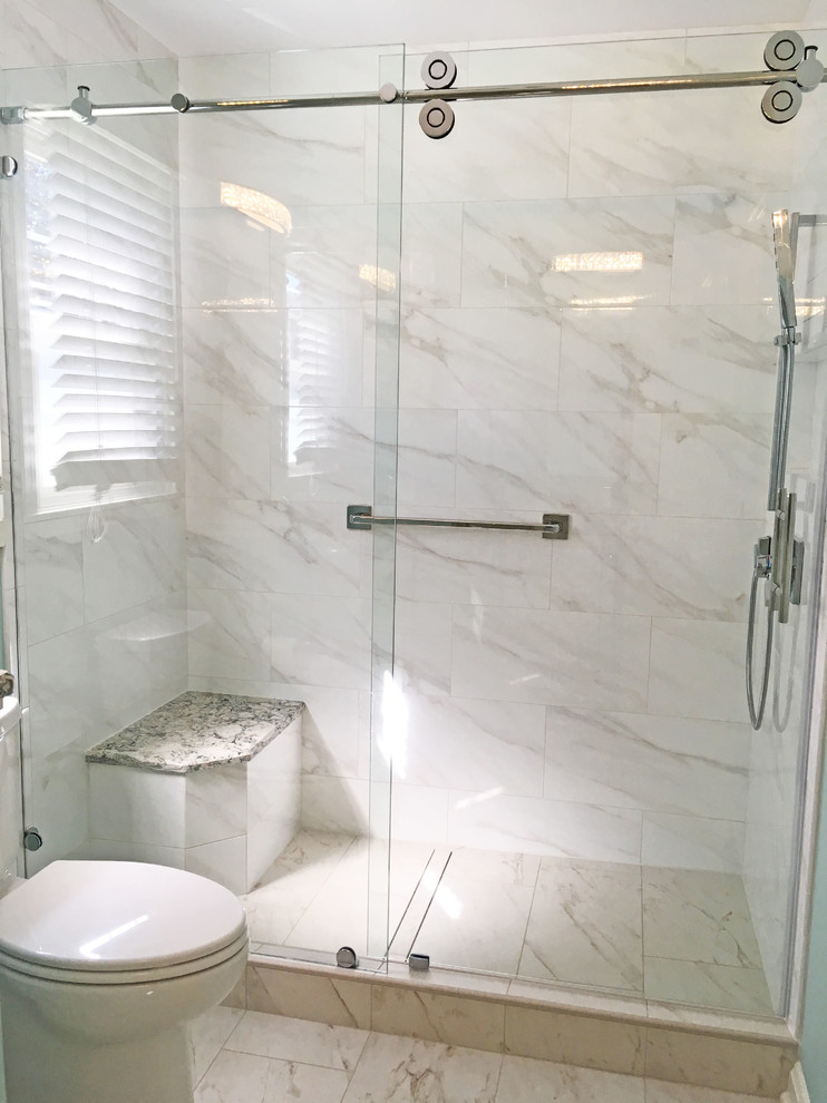 Design ideas for a mid-sized transitional master bathroom in Other with recessed-panel cabinets, white cabinets, an alcove shower, a two-piece toilet, white tile, porcelain tile, blue walls, porcelain floors, an undermount sink, engineered quartz benchtops, white floor and a sliding shower screen.