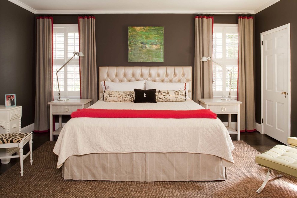 Design ideas for a contemporary bedroom in Atlanta with brown walls and dark hardwood floors.
