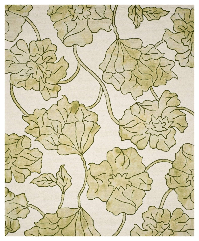 Elegant Area Rug, Handmade Floral Watercolor Premium Wool, Ivory/Light Green