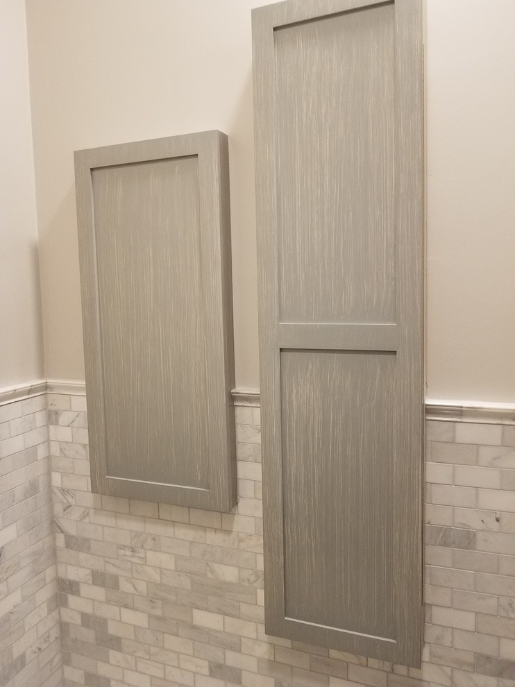 Design ideas for a small contemporary l-shaped utility room in Providence with an undermount sink, shaker cabinets, turquoise cabinets, granite benchtops, grey walls, marble floors, a side-by-side washer and dryer, white floor and grey benchtop.