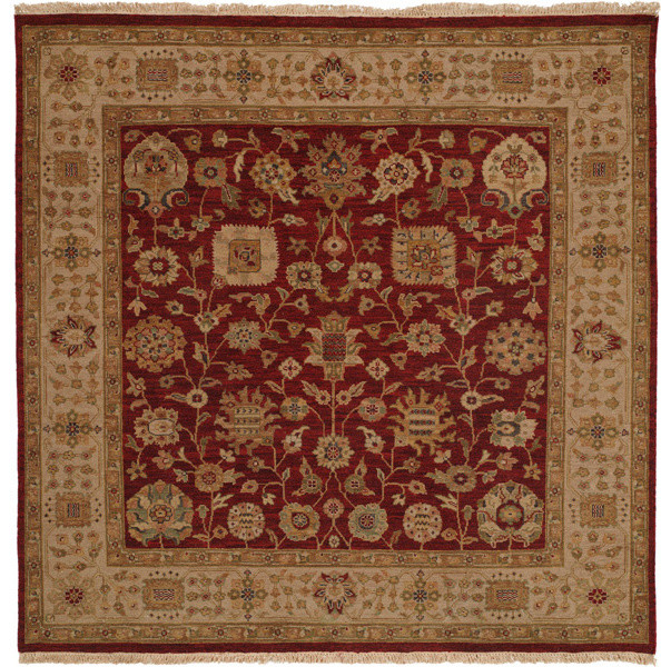Soumak Flatweave Hand-Knotted Rug, Burgundy and Ivory, 6' Square