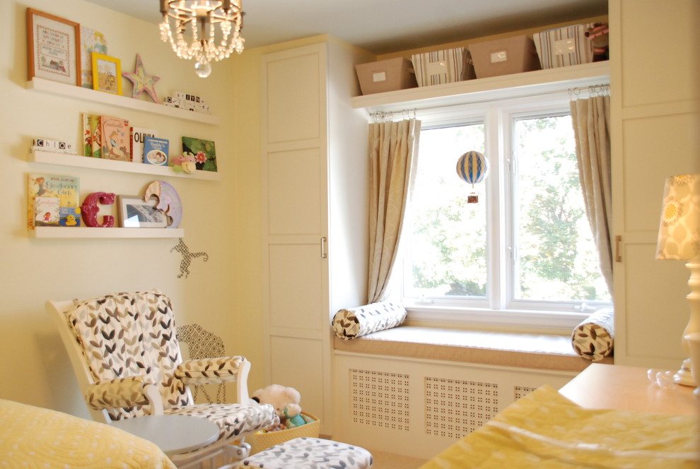 Design ideas for a small contemporary gender-neutral kids' room in Toronto with yellow walls.