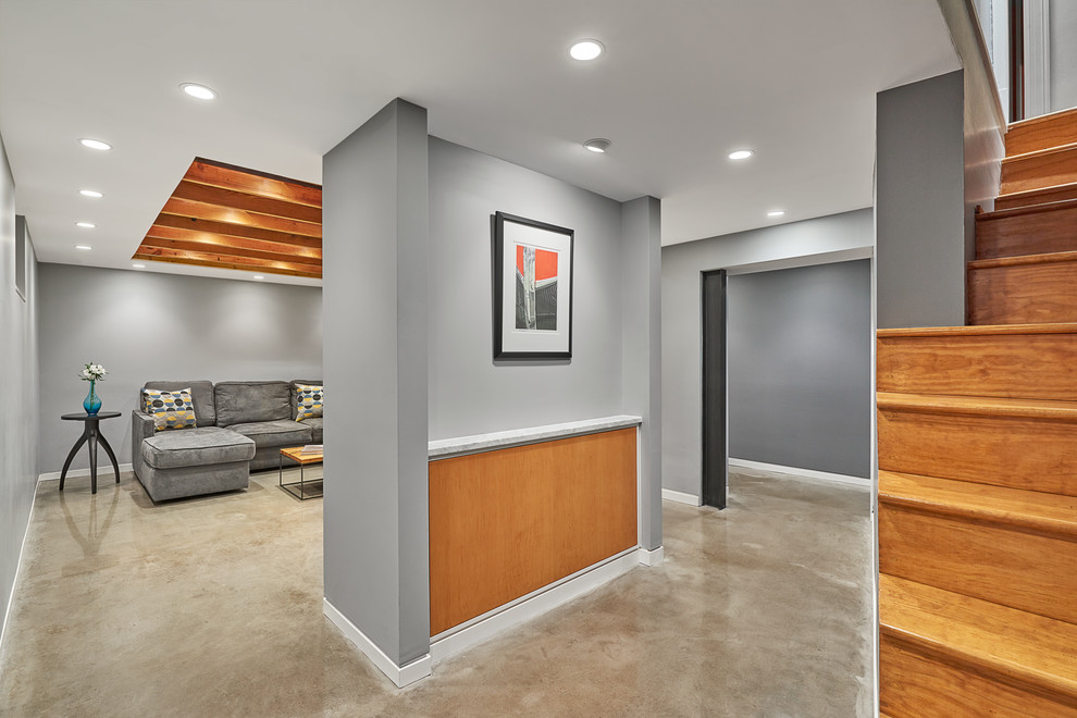 Inspiration for a mid-sized modern look-out basement in DC Metro with grey walls, concrete floors and no fireplace.