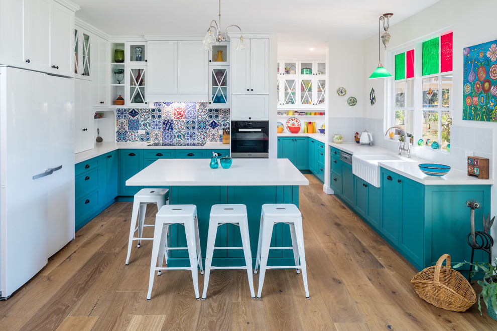 Design ideas for a large country kitchen in Perth with shaker cabinets, white cabinets, quartz benchtops, multi-coloured splashback, ceramic splashback, with island, grey benchtop and a farmhouse sink.