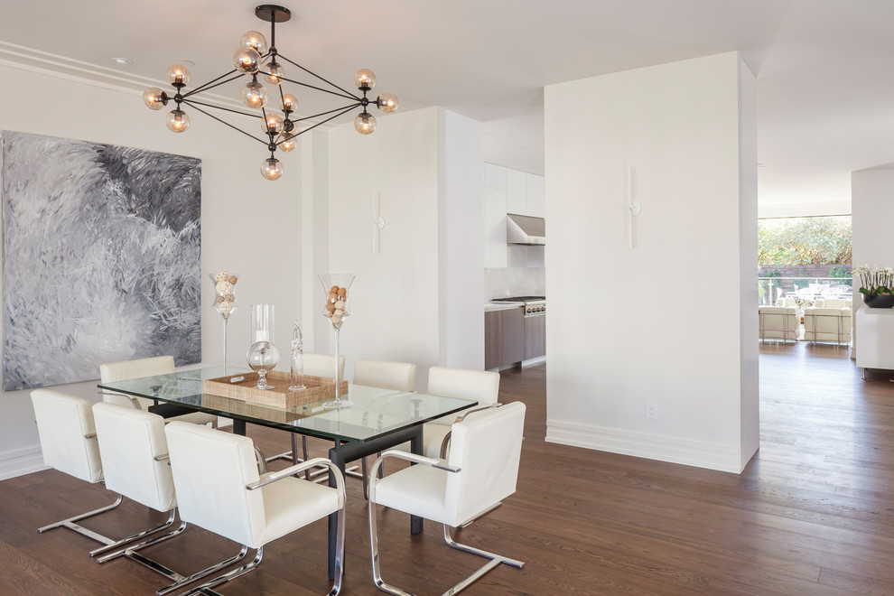 Photo of a large contemporary open plan dining in San Francisco with white walls, medium hardwood floors, no fireplace and brown floor.