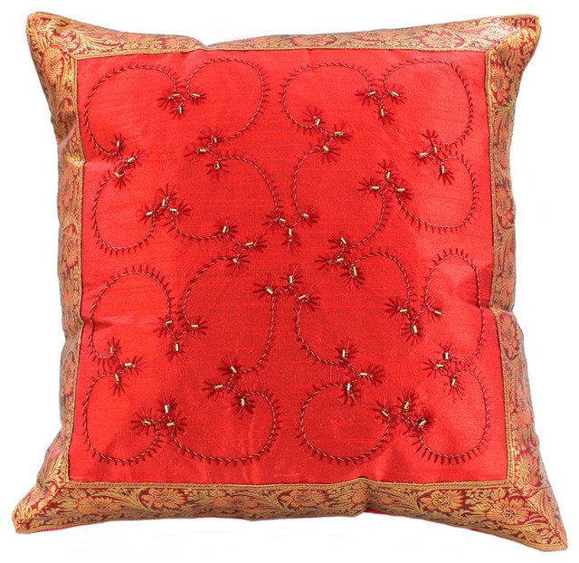 Hand Embroidered Pillow Cover, Set of 2, Saffron Red