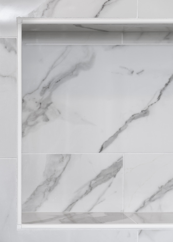Example of a large transitional master multicolored tile and mosaic tile porcelain tile double shower design with gray walls, an undermount sink and quartz countertops