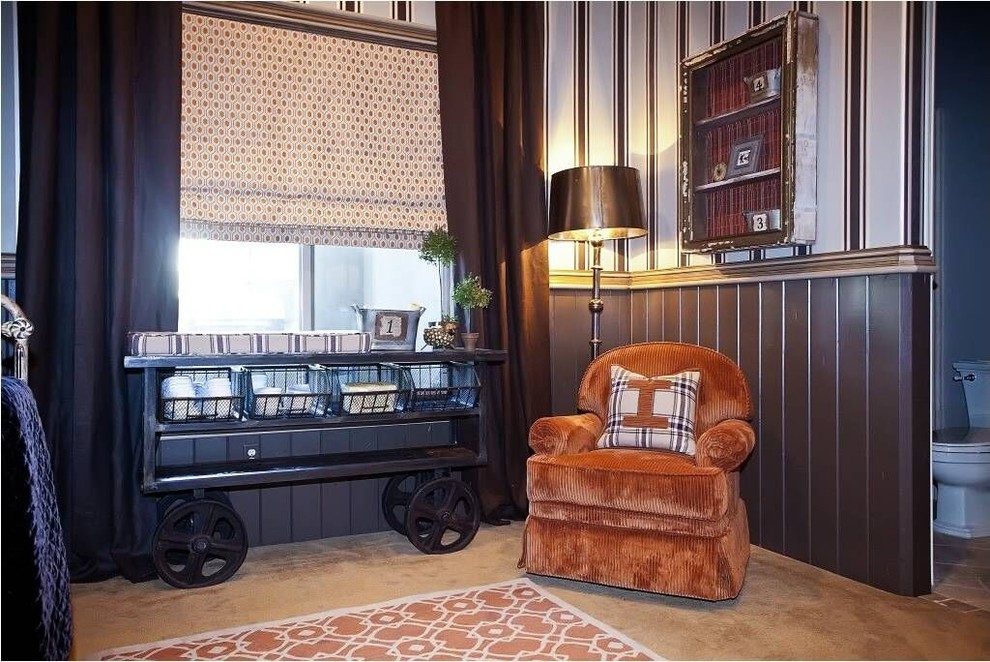 Mid-sized transitional carpeted and beige floor nursery photo in Phoenix with multicolored walls