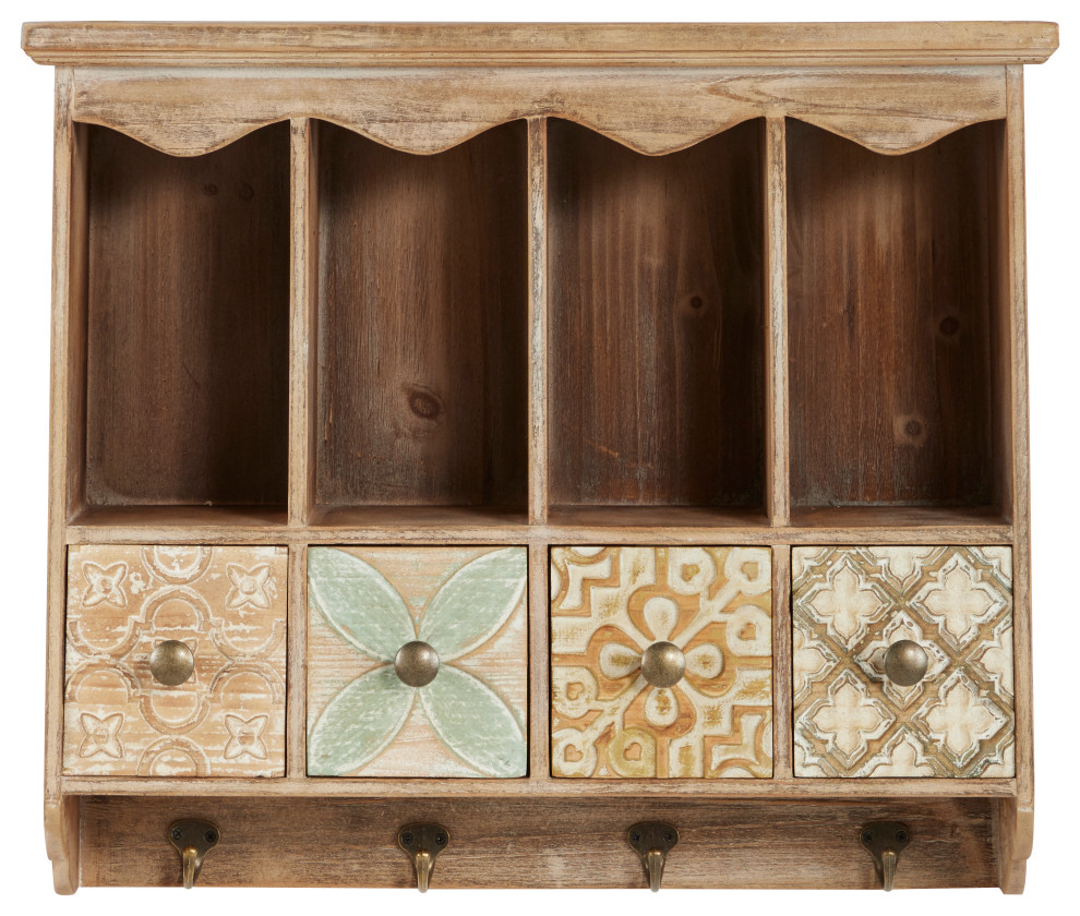 Farmhouse Wooden Wall Shelf with Drawers and Hooks, 23" x 20" Farmhouse Display And Wall