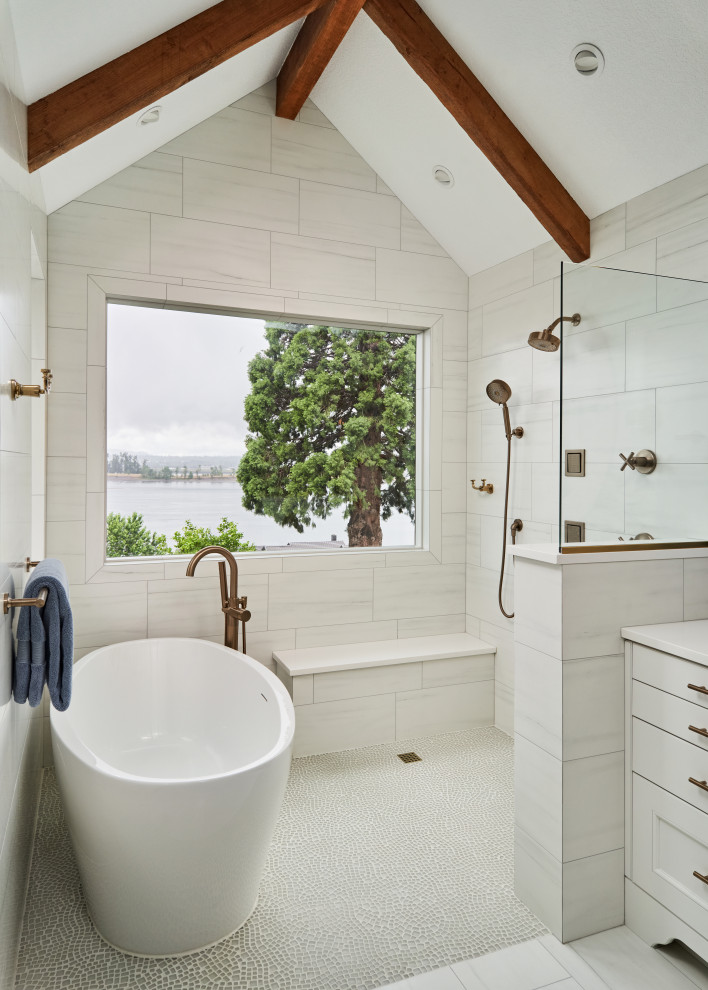 Large transitional master multicolored tile and glass tile porcelain tile, white floor, double-sink and exposed beam bathroom photo in Portland with recessed-panel cabinets, white cabinets, white walls, an undermount sink, quartz countertops, white countertops and a built-in vanity