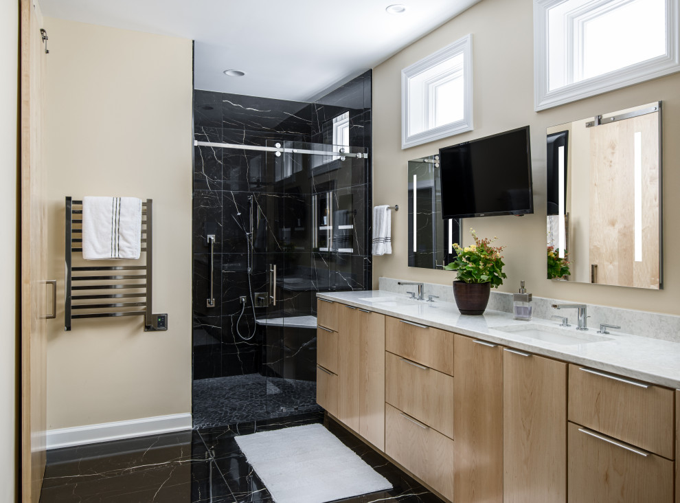 Mid-sized modern master bathroom in Nashville with flat-panel cabinets, light wood cabinets, an alcove shower, black tile, porcelain tile, yellow walls, porcelain floors, an undermount sink, engineered quartz benchtops, black floor, a sliding shower screen, white benchtops, a shower seat, a double vanity and a built-in vanity.