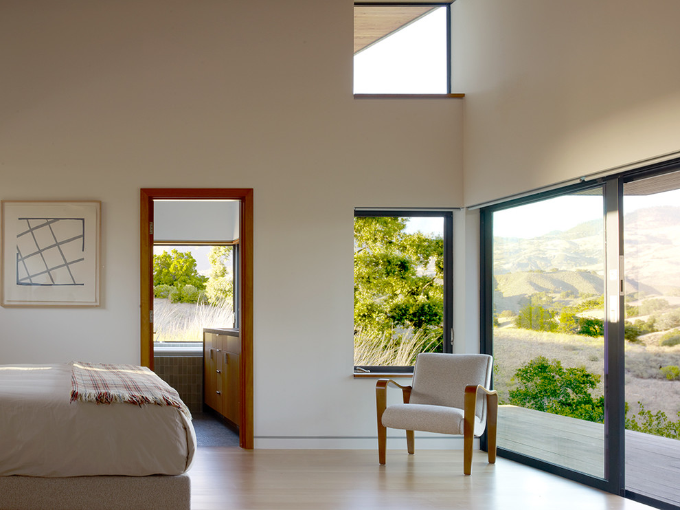 This is an example of a contemporary bedroom in Santa Barbara with white walls, light hardwood floors and no fireplace.