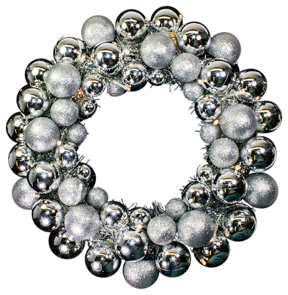 16" Silver Ball Wreath With Battery Powered Pure White LEDs