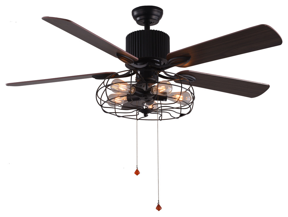 5 Light Black Vintage Industrial Ceiling Fan with Remote, Reversible