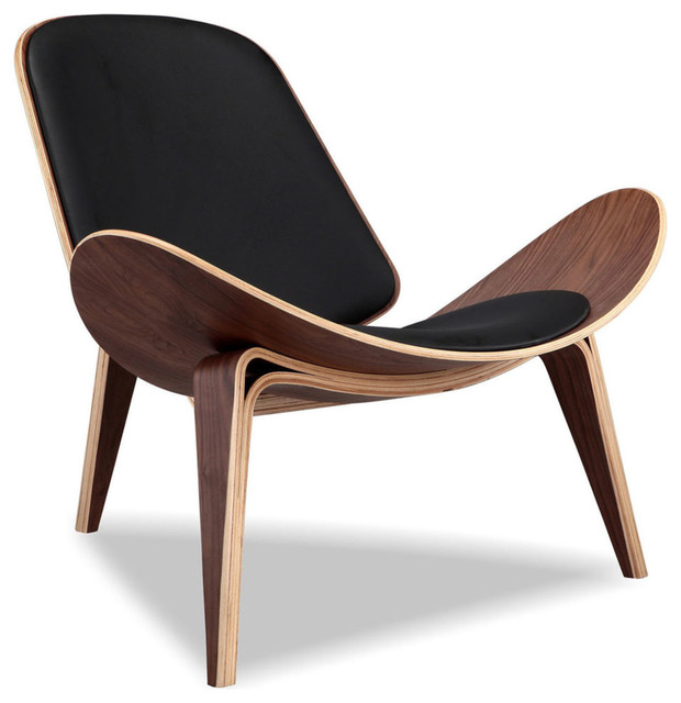 Kardiel Tripod Plywood Modern Lounge Chair Black Italian Leather Walnut, Italian Vs Aniline Leather