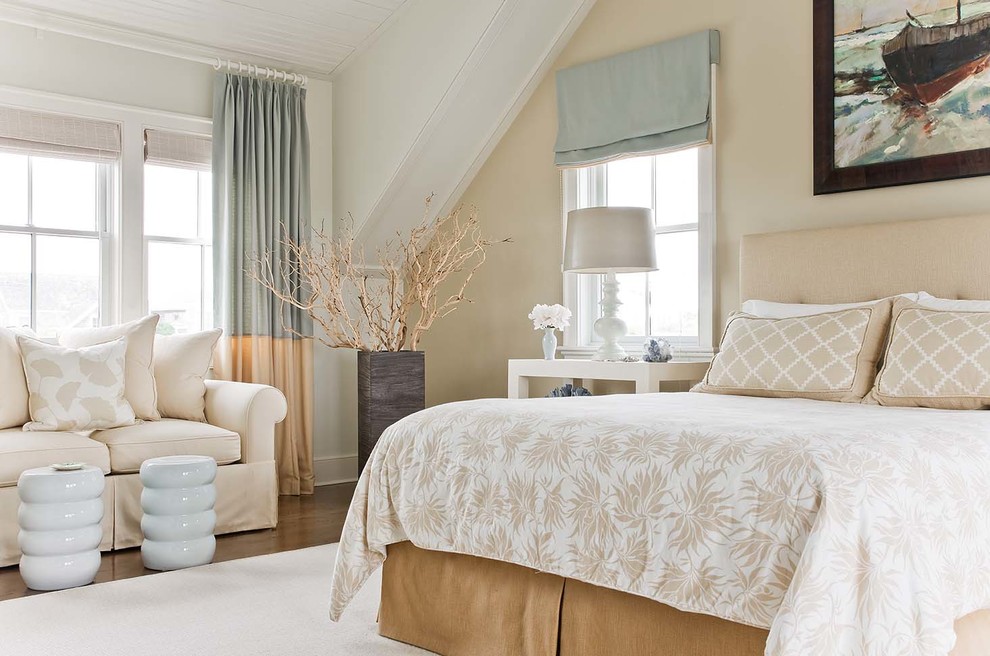 Example of a transitional dark wood floor bedroom design in Boston with beige walls