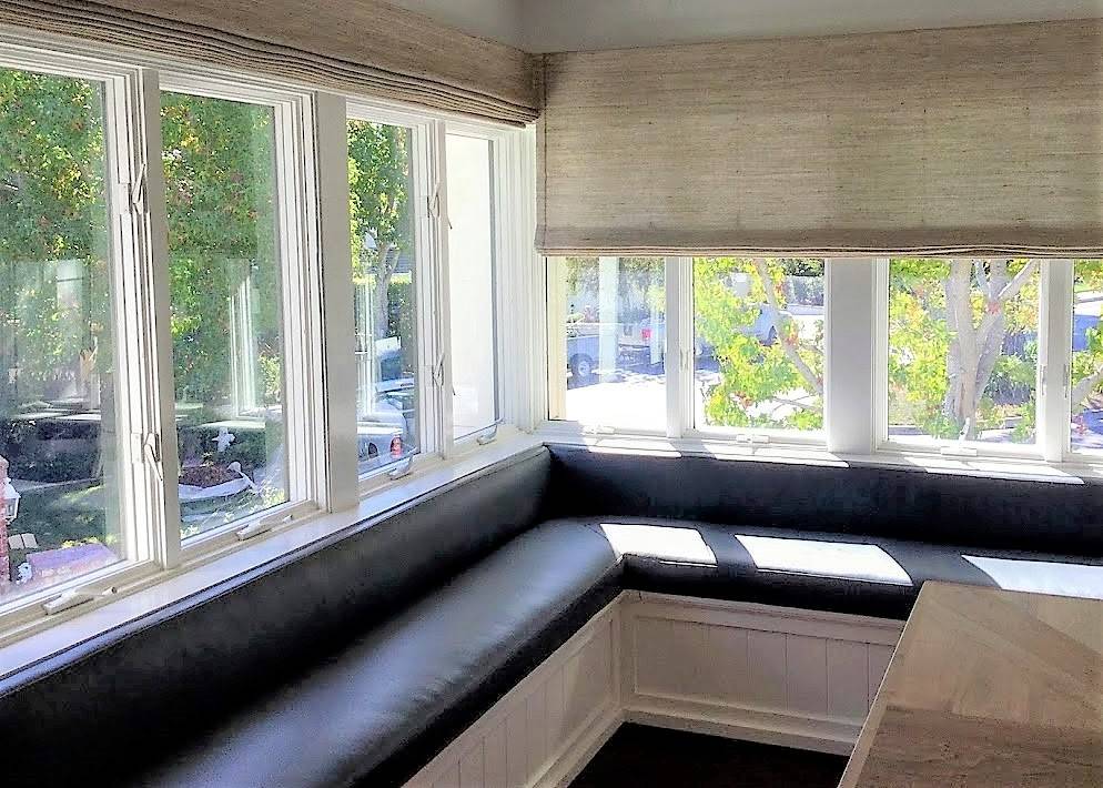 Woven Wood Shades + Upholstered Leather Banquet / Breakfast Nook