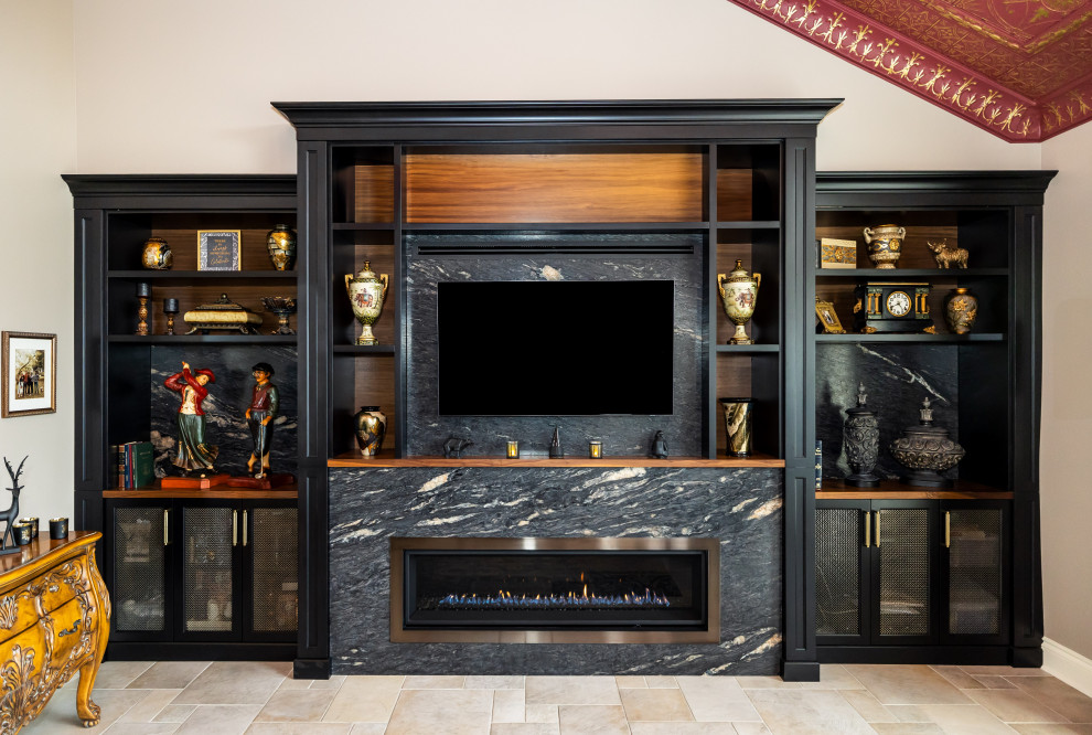 Kitchen - large eclectic kitchen idea with raised-panel cabinets, black cabinets, granite countertops, black backsplash, granite backsplash, paneled appliances, an island and black countertops