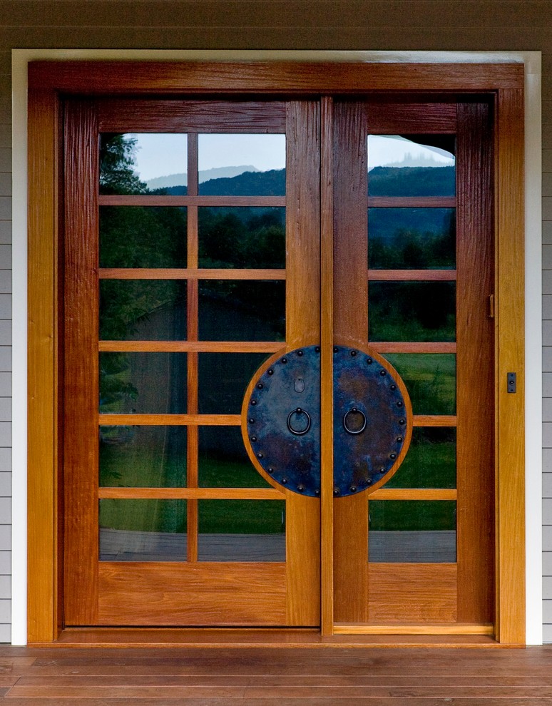 Photo of an eclectic front door in Burlington with grey walls, dark hardwood floors, a double front door and a medium wood front door.