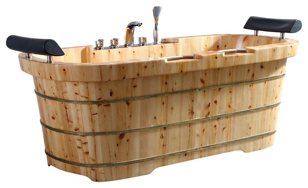 65 2 Person Free Standing Cedar Bathtub Fixtures Headrests
