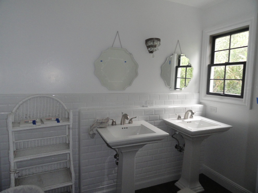 Design ideas for a small transitional 3/4 bathroom in Orange County with white tile and a pedestal sink.