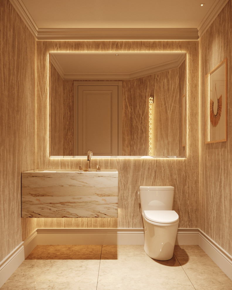Modern cloakroom in Other with a one-piece toilet, a wall-mounted sink, beige floors and wallpapered walls.