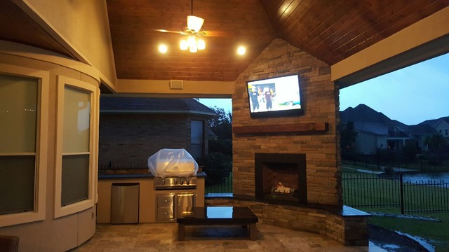 Houston Patio With Restoration Hardware Furniture Fireplace