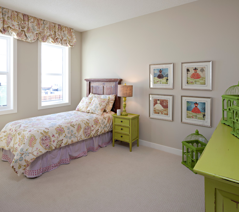 Traditional kids' room in Calgary with grey walls for girls.