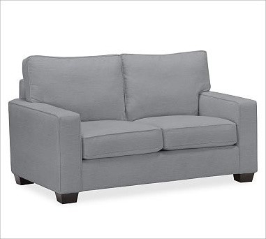 PB Comfort Square Upholstered Love Seat, Polyester Wrap Cushions, Twill Metal Gr