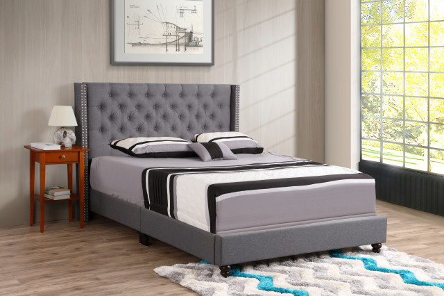 Miranda Upholstered Twill Bed, Light Gray - Traditional - Platform Beds ...