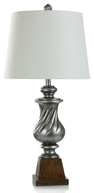 Worthby Silver Table Lamp, Polyresin Swirl Body, Pedestal Base, Off-White Shade