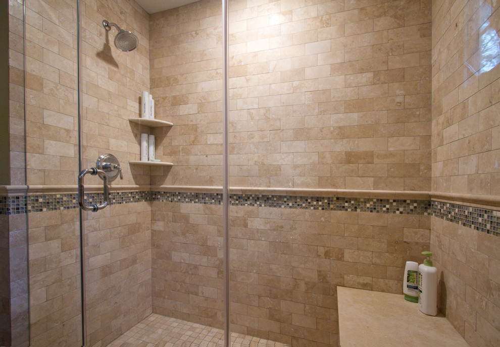 Mid-sized transitional master bathroom in New York with recessed-panel cabinets, medium wood cabinets, an alcove shower, a two-piece toilet, beige tile, stone tile, green walls, ceramic floors, an undermount sink and granite benchtops.