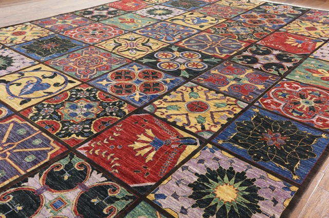 Stained Glass Rug Design Oriental Stained Glass Art Deco, Hand-Knotted, Rug, 12'1
