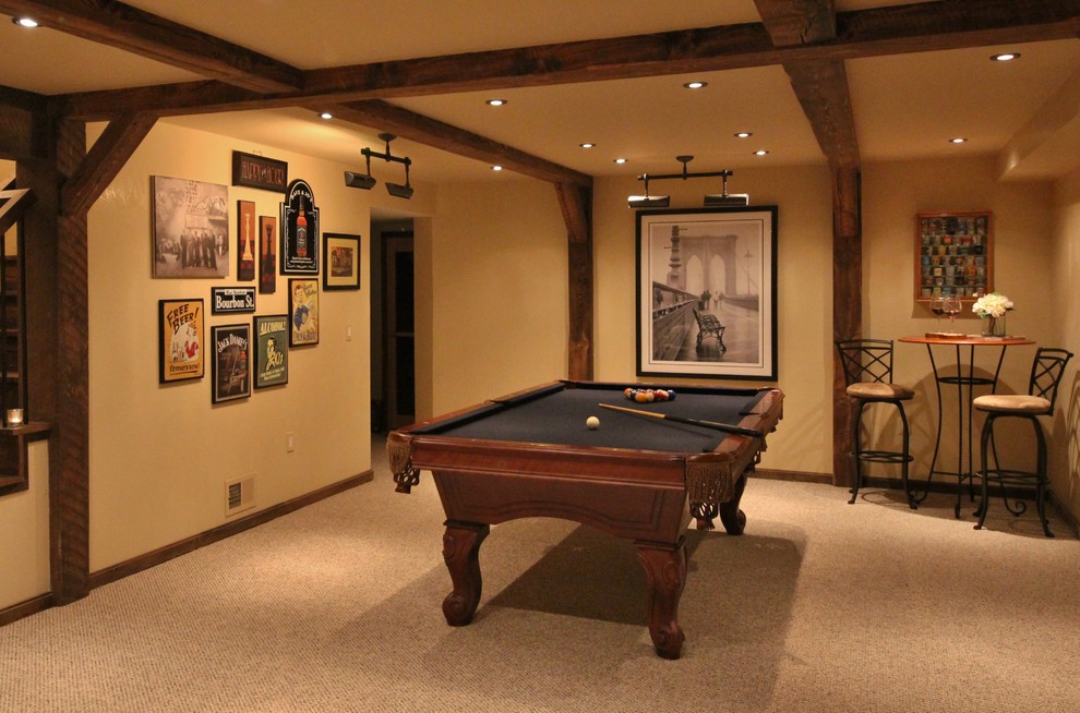 Example of a mid-sized transitional underground carpeted and beige floor basement design in Boston with white walls and no fireplace