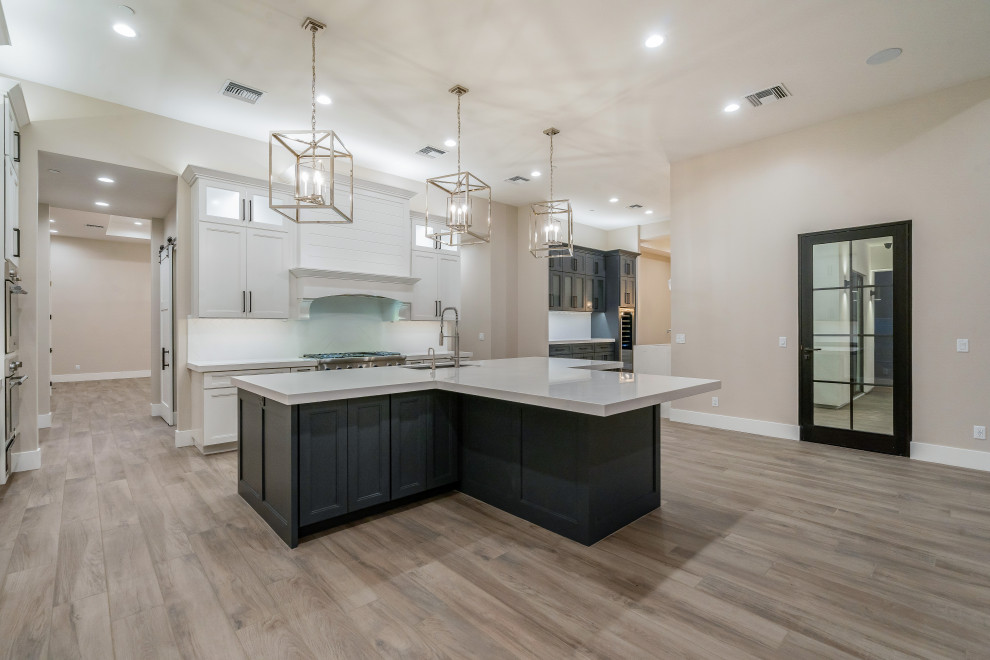Example of a large minimalist u-shaped open concept kitchen design in Phoenix with an island