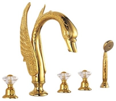 BathSelect Pisa Gold 5 Piece Deck Mount Widespread Handles Swan Bathtub Faucet