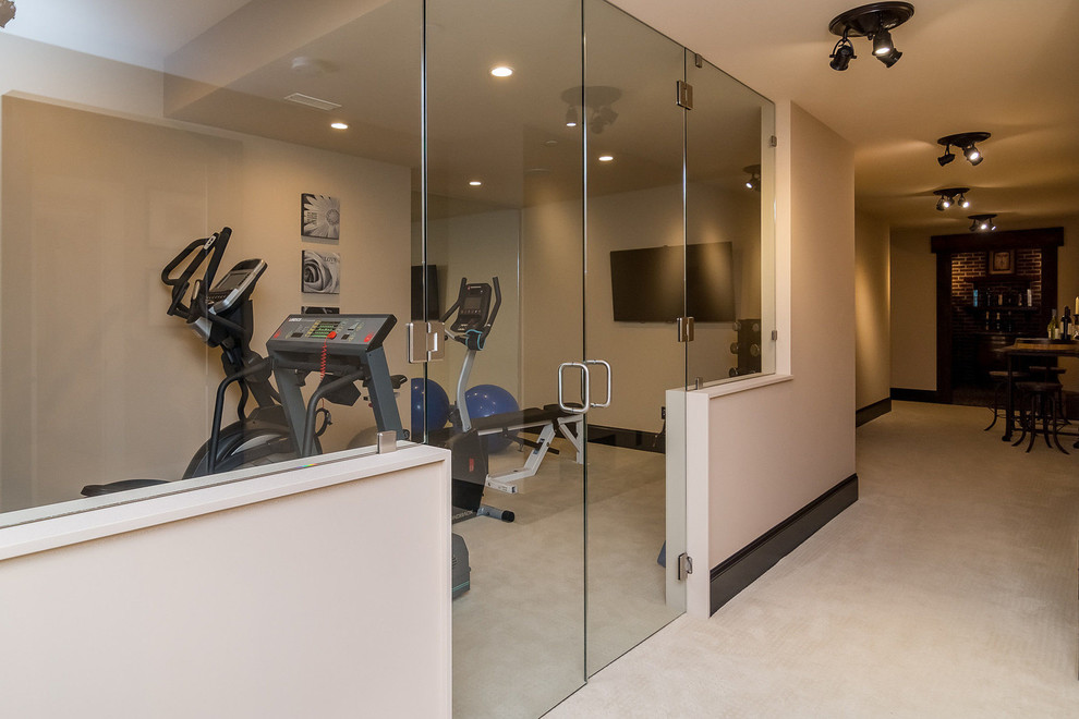 Mid-sized traditional multipurpose gym in New York with beige walls, carpet and beige floor.