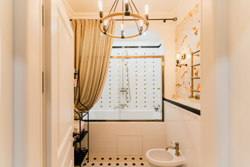 Inspiration for a large mediterranean master bathroom in Moscow with an alcove tub, a wall-mount toilet, white tile, wood benchtops, white floor, louvered cabinets, brown cabinets, ceramic tile, white walls, cement tiles, a drop-in sink and a sliding shower screen.