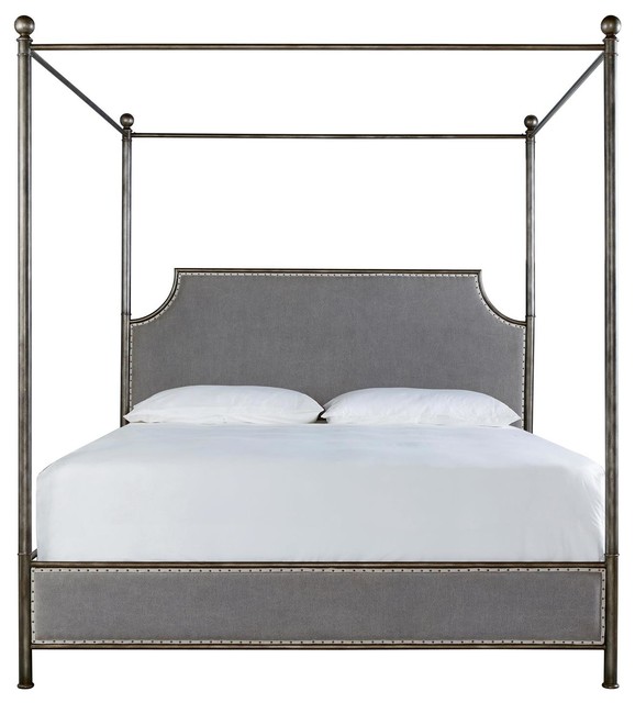 Sojourn Grey Linen Upholstered Iron Canopy Bed, Queen Traditional
