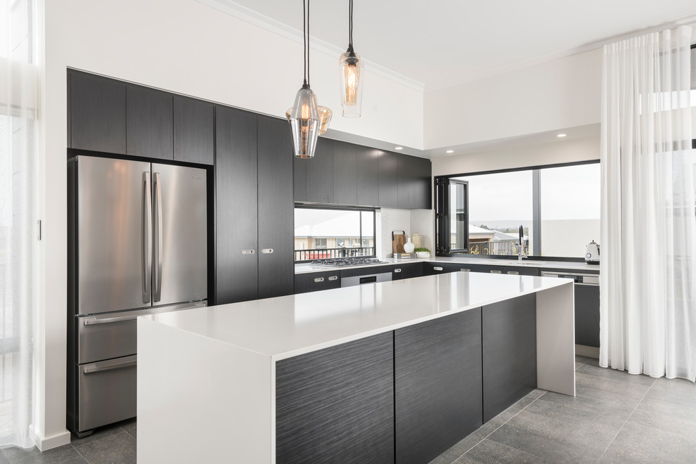 This is an example of a midcentury l-shaped eat-in kitchen in Perth with a double-bowl sink, dark wood cabinets, quartz benchtops, window splashback, stainless steel appliances, ceramic floors, with island and grey floor.