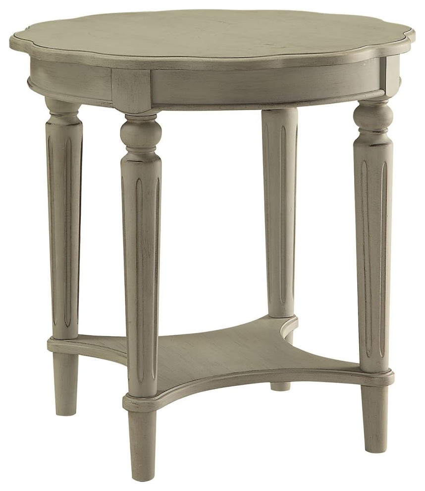 French Country End Table, Round Carved Legs With Bottom Shelf, Antique