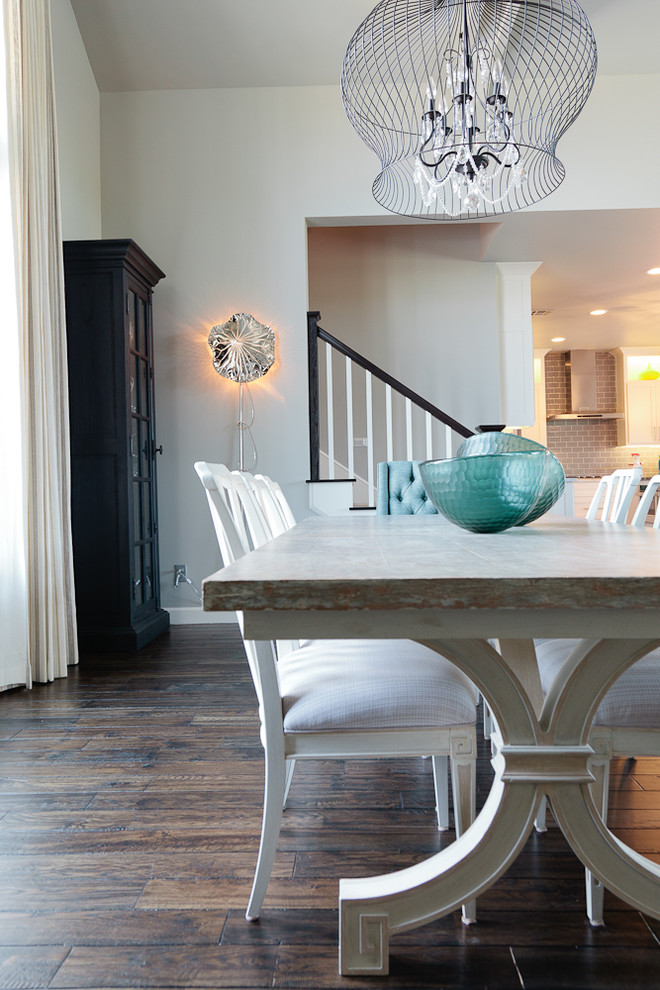Inspiration for a mid-sized coastal dark wood floor kitchen/dining room combo remodel with gray walls