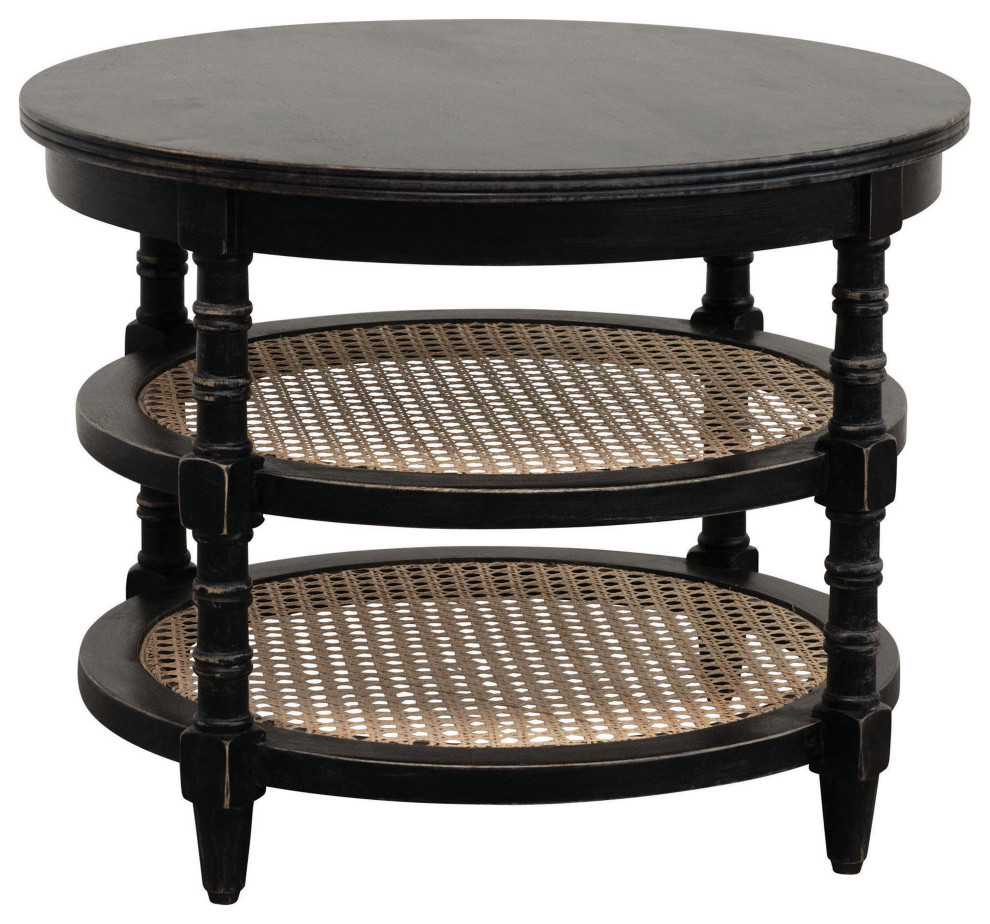 Mango Wood Table With 2 Cane Shelves, Black Tropical Side Tables