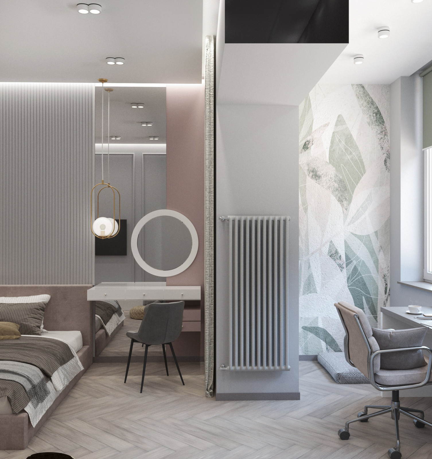 Просторная квартира в синими стенами