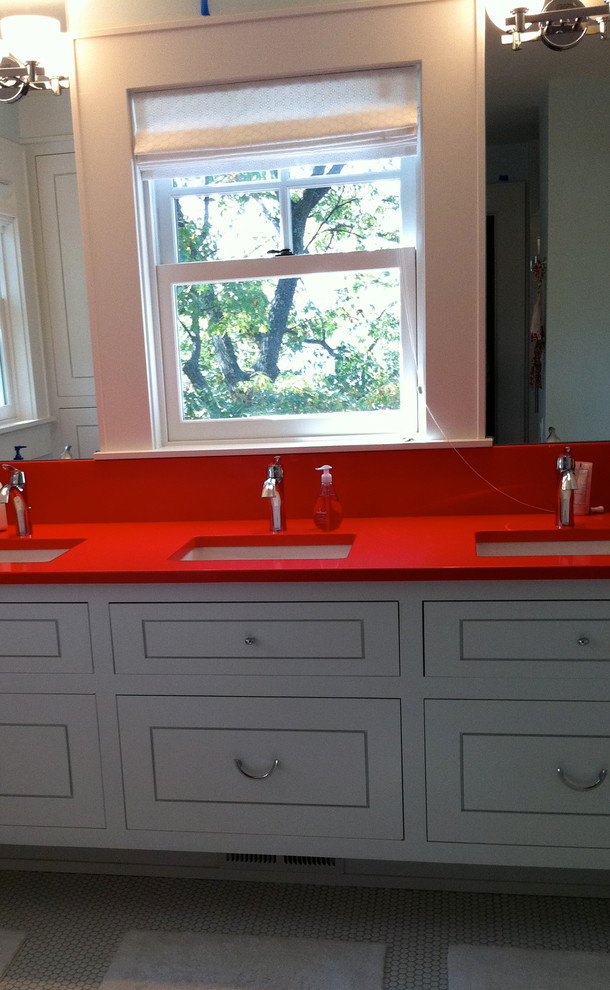 Inspiration for a large contemporary kids bathroom in Milwaukee with flat-panel cabinets, white cabinets, mosaic tile floors, an undermount sink, white floor and red benchtops.